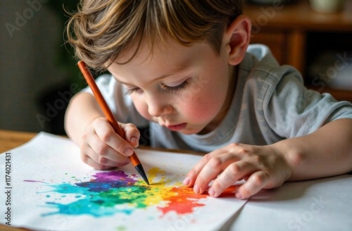 Little boy draws with paints at the table