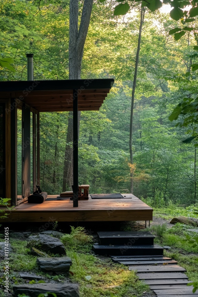 Wooden deck, forest view, yoga mat, steps. Wooden deck, forest view, yoga mat, steps.
