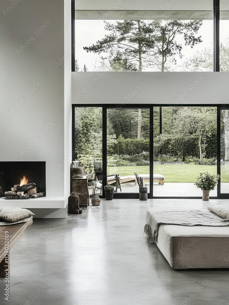 Fototapeta premium A contemporary living room with polished concrete floors, a simple white wall, and large windows showcasing a garden view