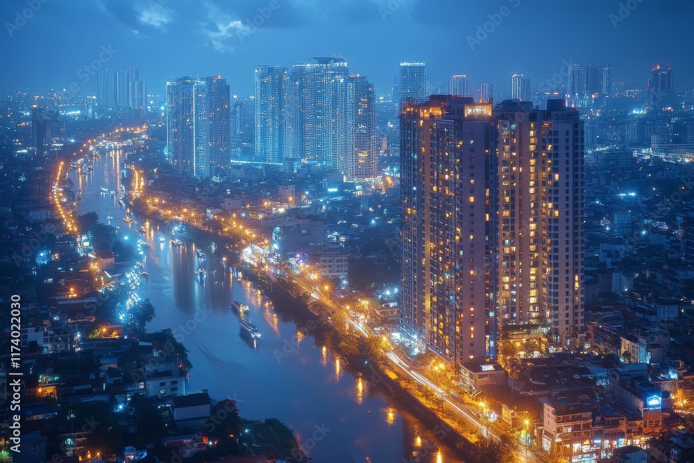 Obraz premium Aerial view of a vibrant city at night with glowing lights