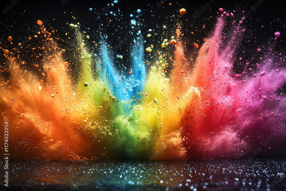 Naklejka premium Exploding rainbow-colored powder against black background
