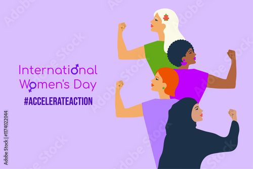 International women's day 2025 concept campaign theme - #AccelerateAction. Woman pose to show solidarity. Vector illustration