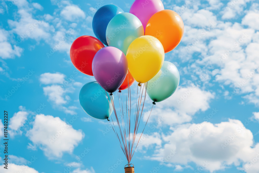 Obraz premium Rainbow balloons rising into a blue sky