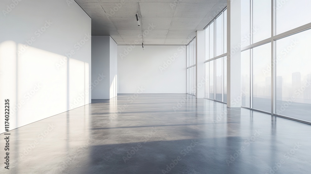 Fototapeta premium A minimalist space with concrete flooring, clean lines, and large windows providing a bright and open ambiance