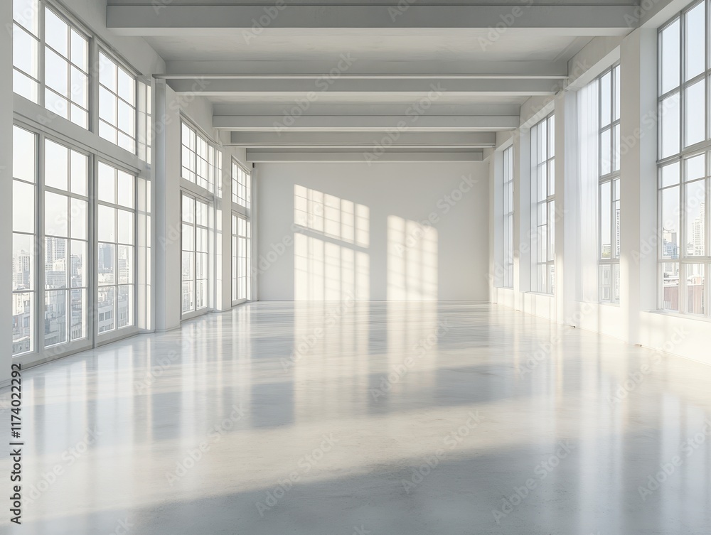 An empty apartment with a polished concrete floor, simple white walls, and large windows offering versatile design potential An empty apartment with a polished concrete floor, simple white walls, and large windows offering versatile design potential