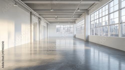 A minimalist space with concrete flooring, clean lines, and large windows providing a bright and open ambiance