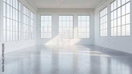 A minimalist space with concrete flooring, clean lines, and large windows providing a bright and open ambiance