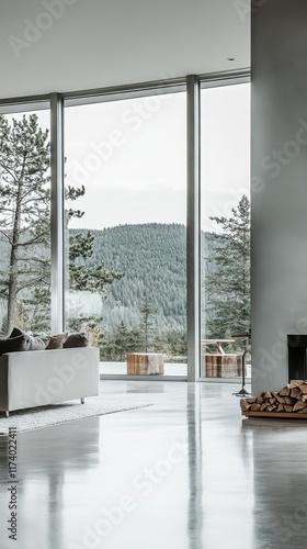 A bright and open living space with concrete flooring, soft gray walls, and expansive windows overlooking a serene landscape