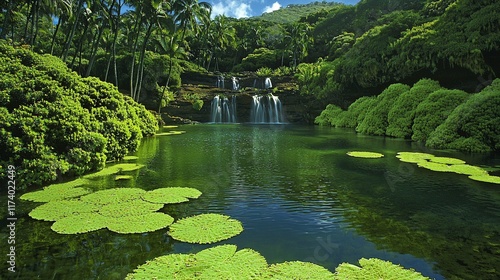 Lush tropical waterfall cascading into a serene pond with vibrant green lily pads.