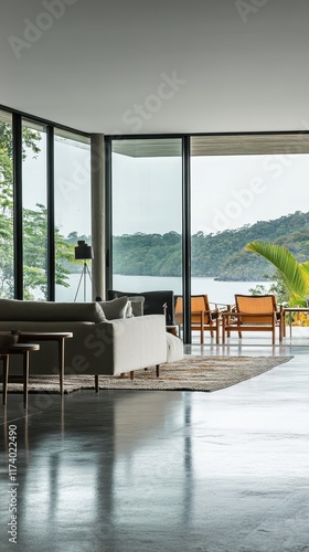 A bright and open living space with concrete flooring, soft gray walls, and expansive windows overlooking a serene landscape
