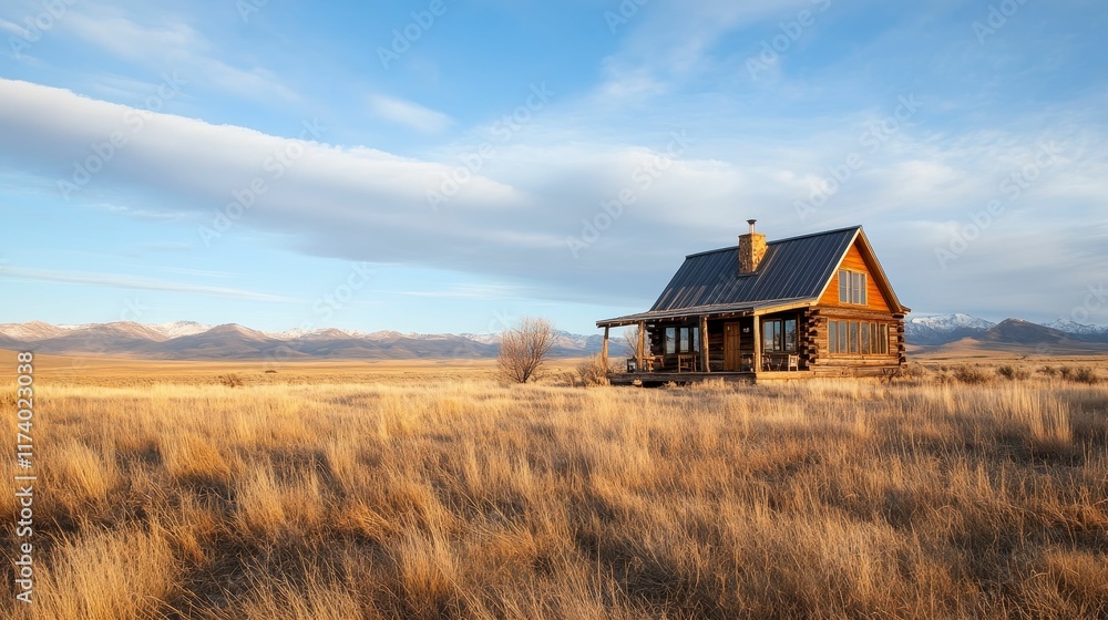 Secluded log cabin, grassy plains, distant mountains.