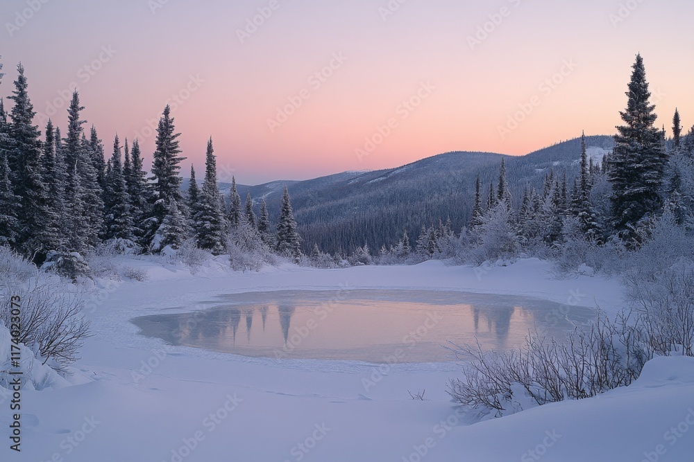 Fototapeta premium Winter landscape with snow-covered trees and pastel sky
