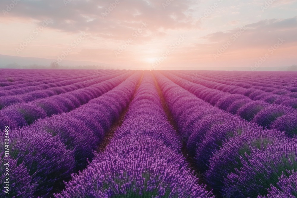 Lavender field stretching under a soft pink sunset sky Lavender field stretching under a soft pink sunset sky