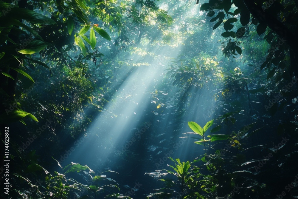 Sunbeams streaming through trees in a misty forest with vibrant greenery Sunbeams streaming through trees in a misty forest with vibrant greenery