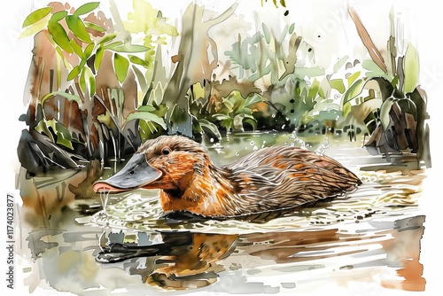 A beautifully illustrated platypus swimming in a serene wetland environment surrounded by lush greenery. photo