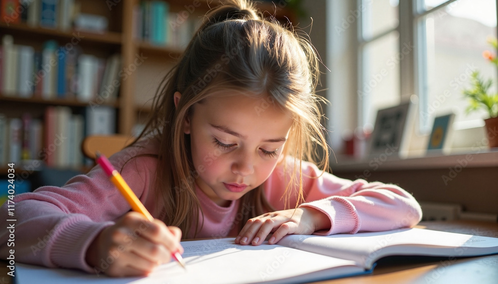 Young girl studying with focus in home environment with natural lighting for International Women's Day Young girl studying with focus in home environment with natural lighting for International Women's Day