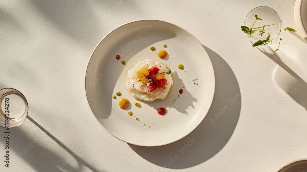 White table with artisanal dish on refined minimalist plate White table with artisanal dish on refined minimalist plate