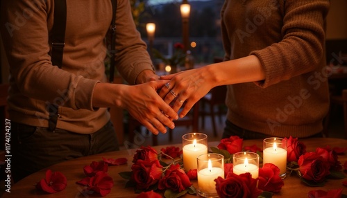  A couple holding hands in a romantic candlelit dinner setting. A table decorated with red roses and heart-shaped candles. Soft warm lighting and a cozy atmosphere.