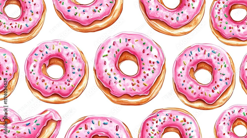 Fototapeta premium Pink frosted donuts with sprinkles seamless pattern.