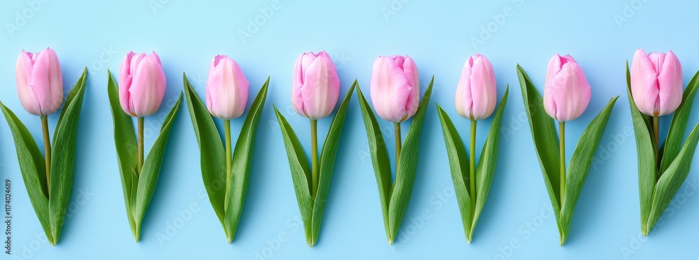 A banner for a website featuring top view pink tulips against a turquoise backdrop and available text space A banner for a website featuring top view pink tulips against a turquoise backdrop and available text space