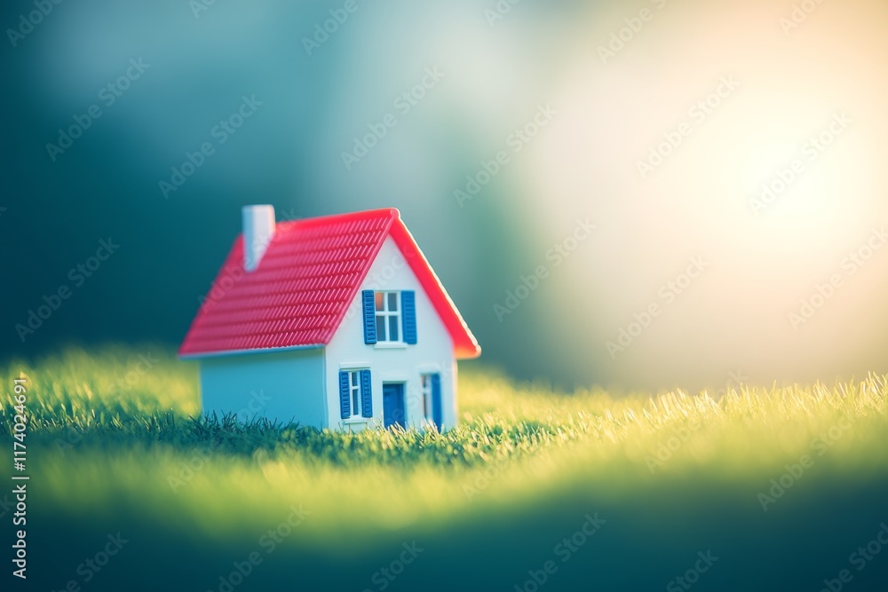 Capture the cozy space of home and life with a miniature house on a green lawn under sunlight, set against an abstract background Capture the cozy space of home and life with a miniature house on a green lawn under sunlight, set against an abstract background