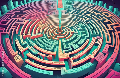 A surreal maze rendered in vibrant neon hues of pink, teal, and orange, featuring a pathway leading to a central circular structure with mysterious architectural details