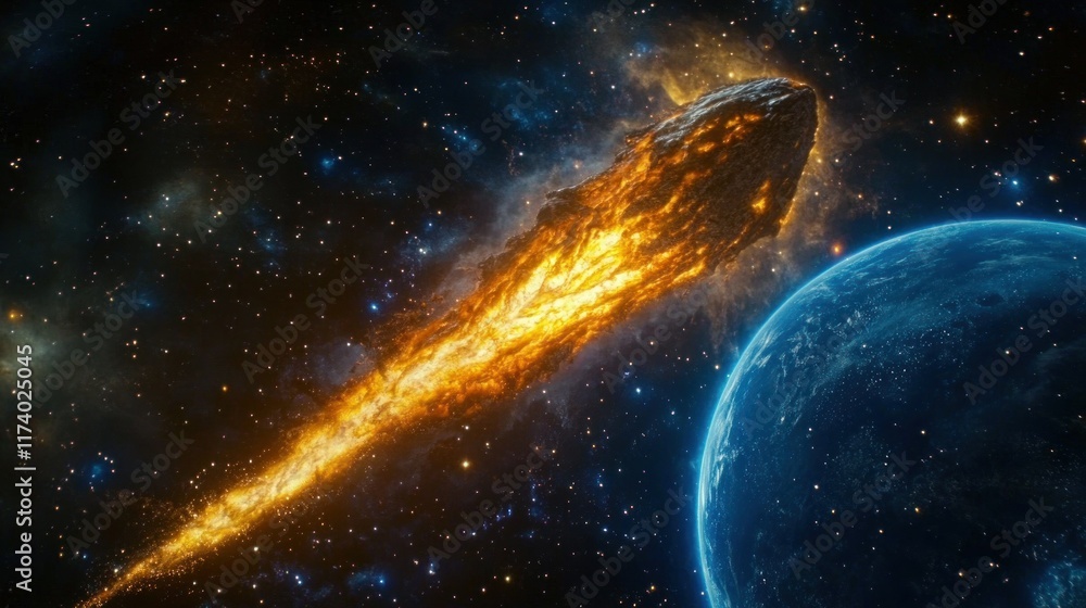 Obraz premium Fiery asteroid hurtling towards Earth, cosmic threat.
