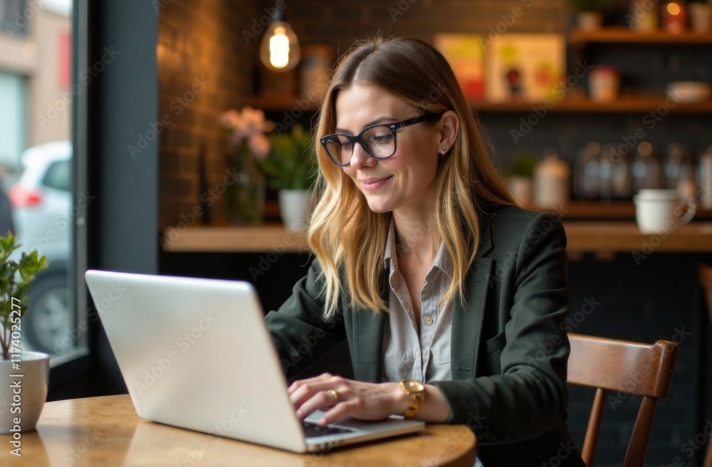 Girl with glasses works at a laptop in a cafe Girl with glasses works at a laptop in a cafe