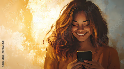 With a smile, a woman glances at her cell phone, possibly to read messages or browse. Glimpse. Illustration photo