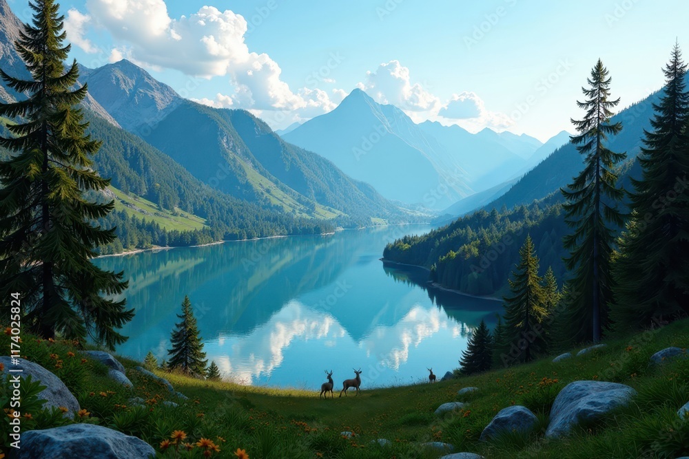 Rolling hills of Vassivi?re lake surrounded by trees and wildlife, tree covered landscape, lake