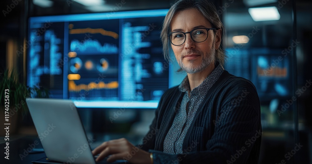 Diverse Female Tech Expert Smiling with Laptop in Modern Office Setting with Data Analytics Screen