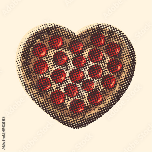 Fotografi heart-shaped pepperoni pizza, retro photocopy style, stipple effect illustration