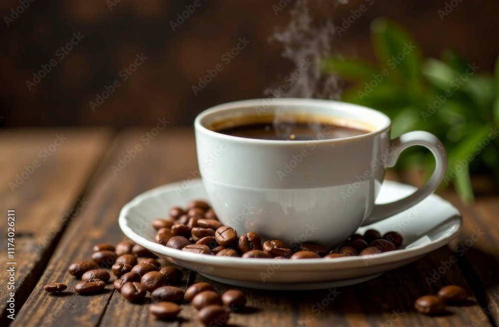 Hot coffee with coffee beans on wooden table Hot coffee with coffee beans on wooden table