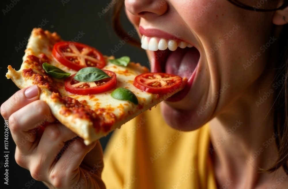 Woman eating pizza appetizingly close up Woman eating pizza appetizingly close up