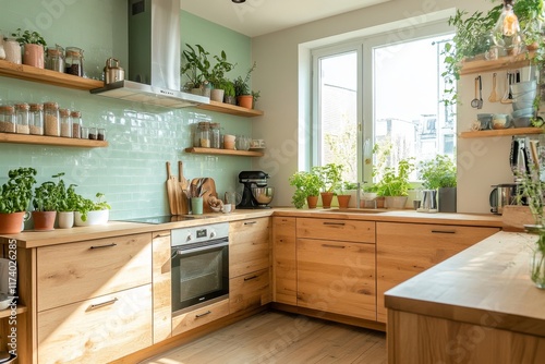 Modern kitchen with wooden cabinets and green plants by the window