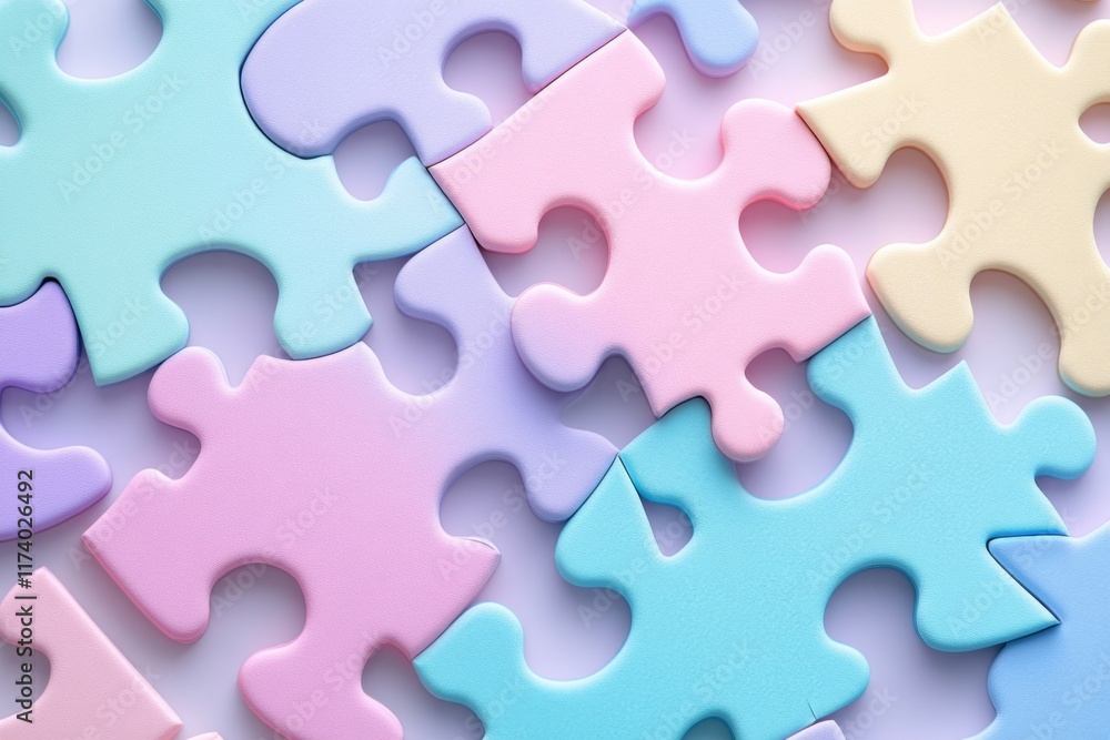 Closeup of colorful pastel puzzle pieces on a vibrant background Closeup of colorful pastel puzzle pieces on a vibrant background