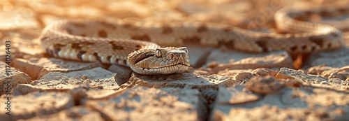 A close-up of a snake resting on dry ground, showcasing its intricate patterns under warm sunlight. photo