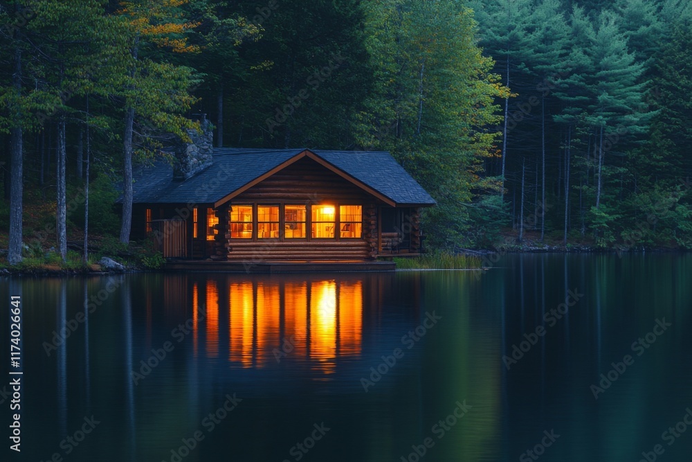 Fototapeta premium Cabin illuminated at night surrounded by a tranquil forest