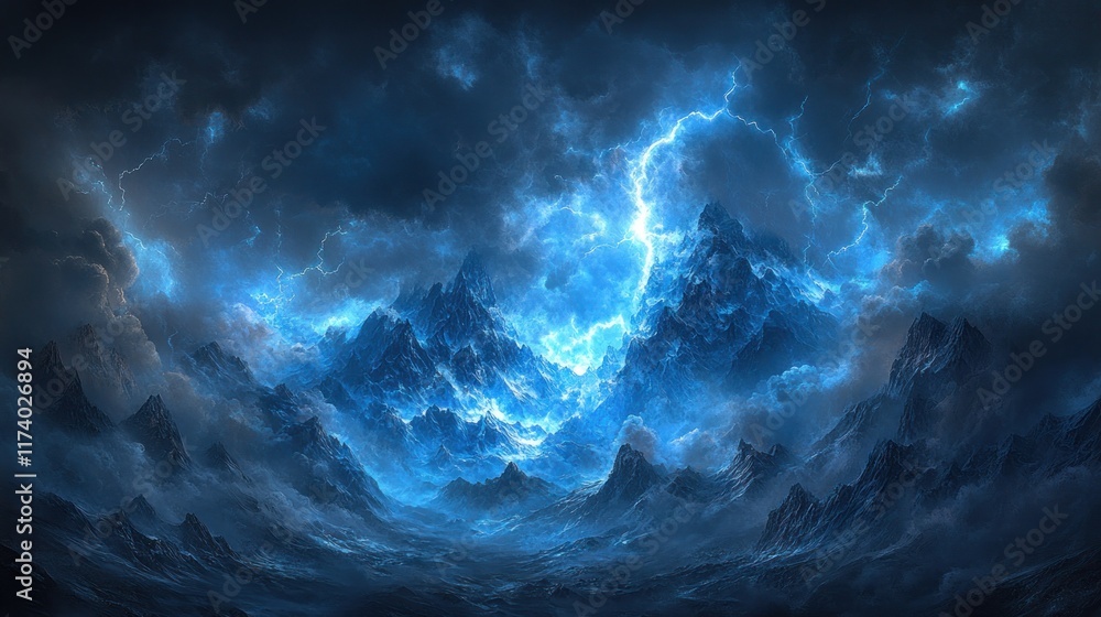 Thunderstorm Landscape with Lightning Strikes Rugged Mountains and Dark Swirling Clouds Thunderstorm Landscape with Lightning Strikes Rugged Mountains and Dark Swirling Clouds