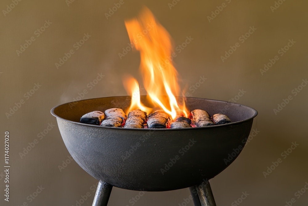 A barbecue grill, modern and sleek, with a fierce fire against a dark setting A barbecue grill, modern and sleek, with a fierce fire against a dark setting