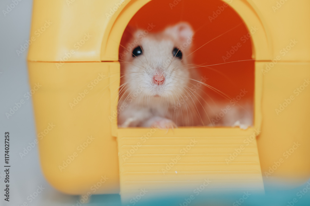 Obraz premium Adorable pet hamster relaxing in its yellow house
