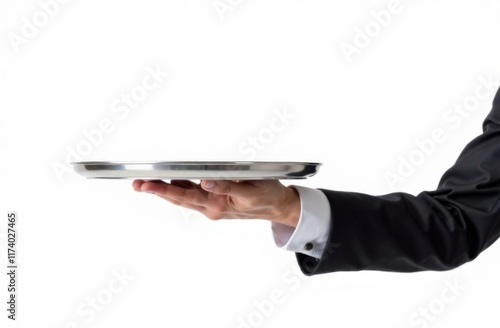 Man's hand holding an empty tray