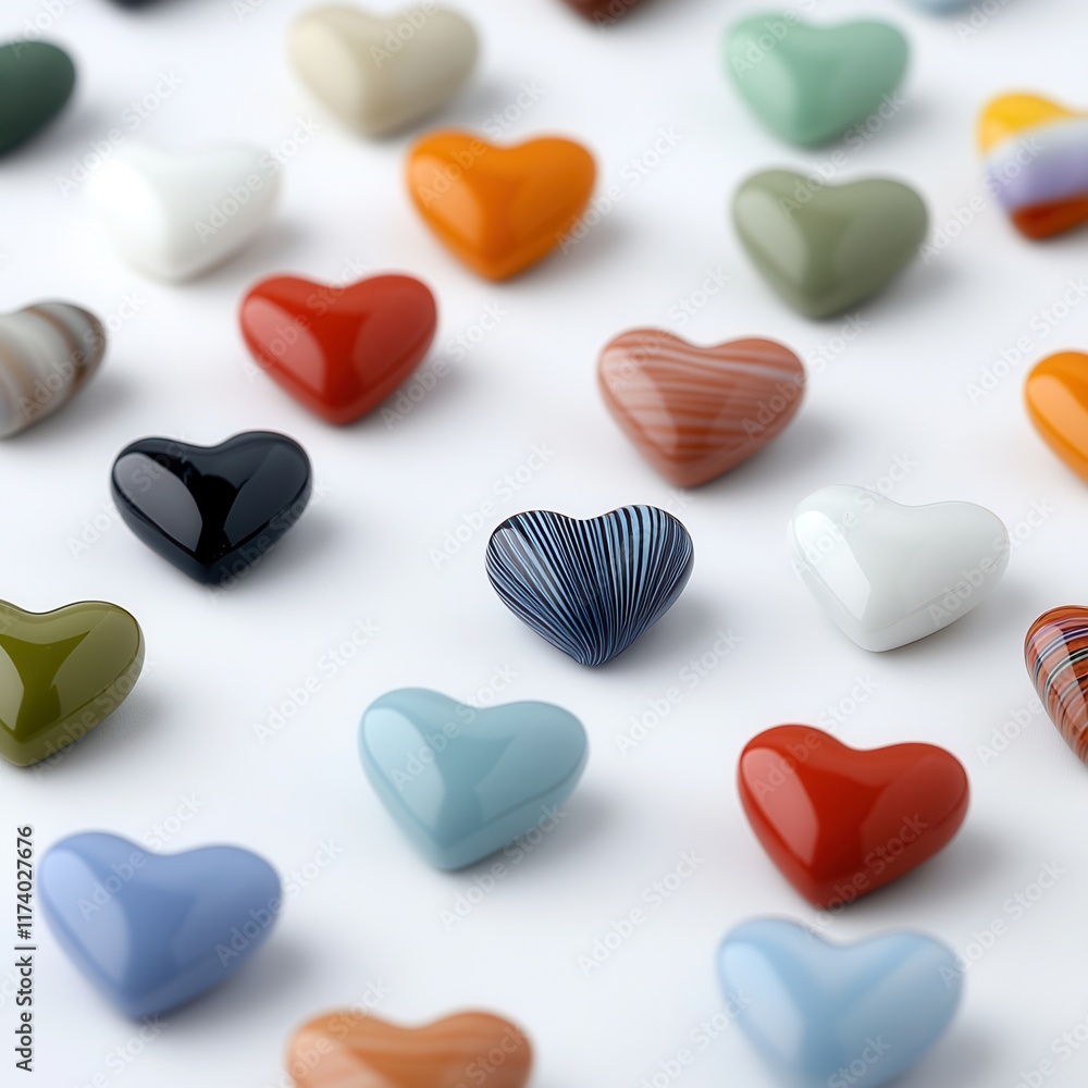 Heart-shaped beads scattered on a white background with glossy textures Heart-shaped beads scattered on a white background with glossy textures