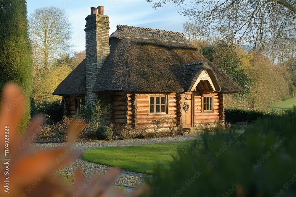 Fototapeta premium Thatched-roof log cabin, sunny landscape, autumnal setting.