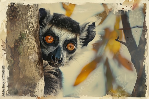 A curious lemur peeks from behind a tree, showcasing its striking eyes and playful nature in a vibrant forest setting. photo