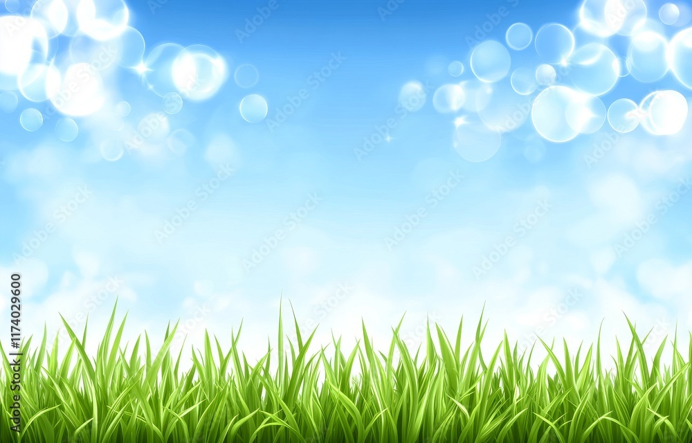 A tranquil spring garden setting features lush green grass and a hazy blue sky. A tranquil spring garden setting features lush green grass and a hazy blue sky.