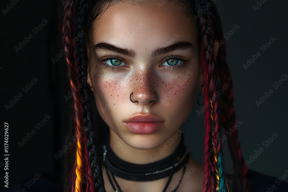 Retrato artístico de una joven con largas trenzas de colores, pecas visibles, y ojos verdes intensos. Lleva accesorios modernos como un collar metálico y piercings, con fondo oscuro para destacar.
Retrato artístico de una joven con largas trenzas de colores, pecas visibles, y ojos verdes intensos. Lleva accesorios modernos como un collar metálico y piercings, con fondo oscuro para destacar.