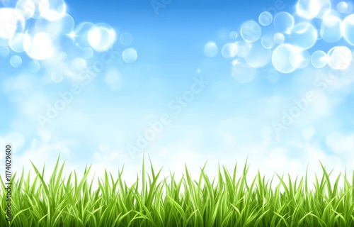 A tranquil spring garden setting features lush green grass and a hazy blue sky.