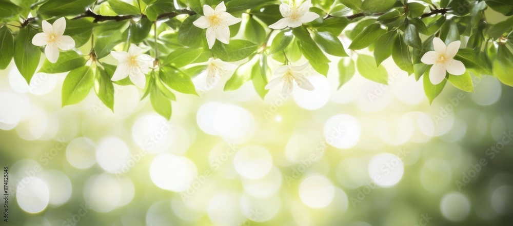 A serene and picturesque spring background filled with abstract floral elements, showcasing blossoming cherry branches in soft focus on a light green hue. Ideal for greeting cards with plenty of A serene and picturesque spring background filled with abstract floral elements, showcasing blossoming cherry branches in soft focus on a light green hue. Ideal for greeting cards with plenty of