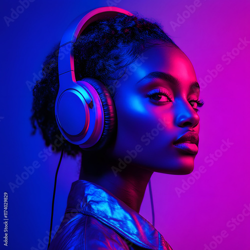 Young African American woman wearing headphones listening to music and dancing in futuristic purple cyberpunk neon light background 
